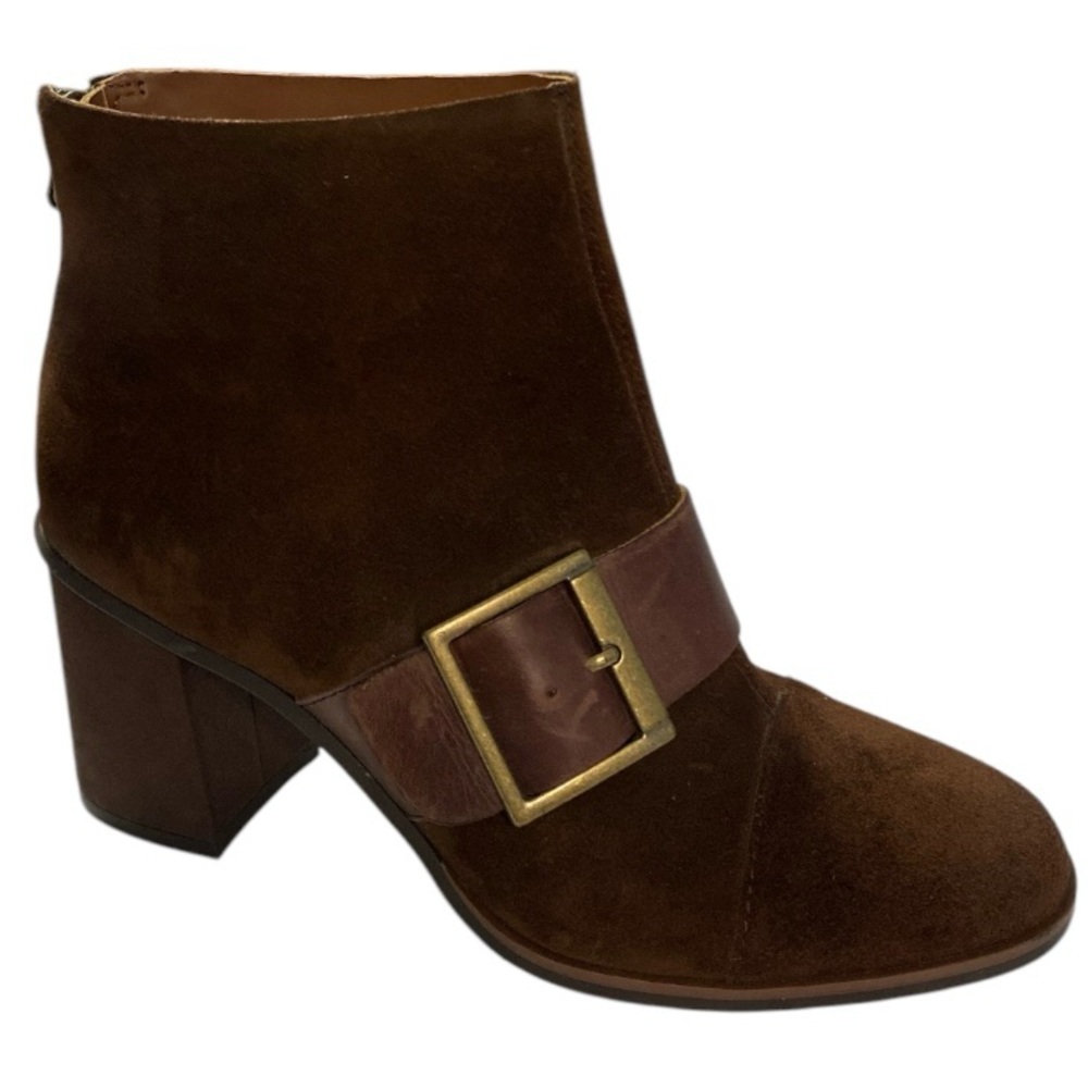 Kork‑Ease Brown Suede Block Heel Ankle Booties Western Buckle Fall Staple Size 7